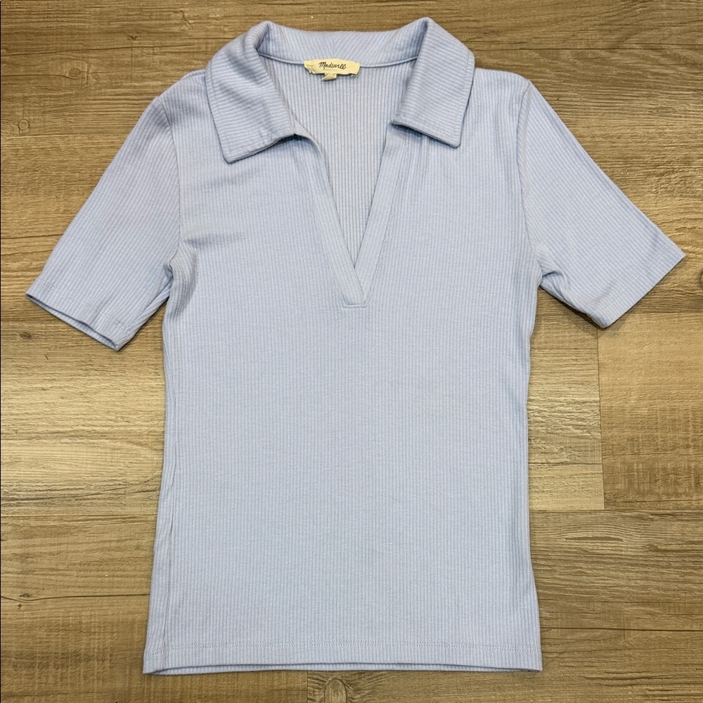 Madewell Sky Blue Fitted Ribbed Polo Top